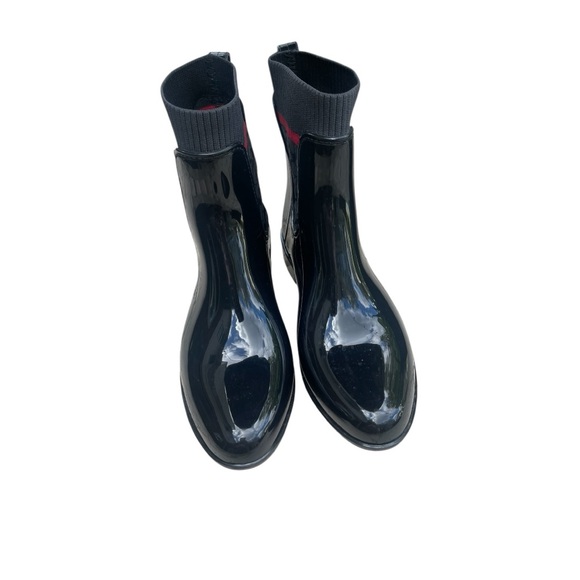 COACH Rubber Boot size 9 black pattern logo stretch pull on boots. - Picture 5 of 12